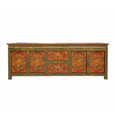Chinese Tibetan Red Green Flower Graphic Low TV Console Table cs6958E 
