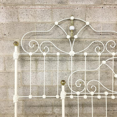 LOCAL PICKUP ONLY Vintage Metal Headboard 1960's Retro Size Full Queen Anne White and Gold Ornate Partial Bedframe with Footboard 