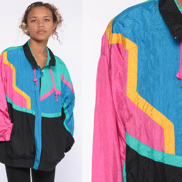 90s Windbreaker 80s Jacket Black Shiny Pink Bright Blue Yellow, Shop Exile