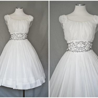 1950s Vintage Beaded Cinched Waist White Chiffon Princess Tea Dress with Crinoline | Size Medium 