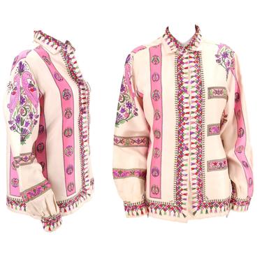60s EMILIO PUCCI silk print scarf blouse / 1960s 70s vintage love birds psychedelic print top as is 