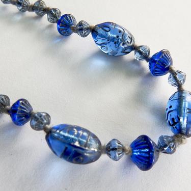 Deco Pressed Blue Glass Necklace 