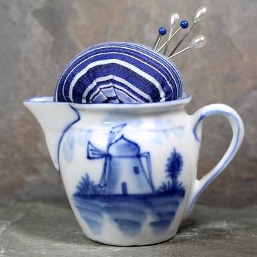 Classic Blue &amp; White Dutch Pitcher Pin Cushion - Vintage Ceramic Pitcher - Upcycled Vintage Pin Cushion - Handmade  | FREE SHIPPING 