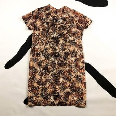 1960s Brown Atomic Burst Print Shift Dress / Oversize Button Bow Collar Detail / XXL / Plus Size / Size 18 / Motown / 50s / Metal Zipper / 