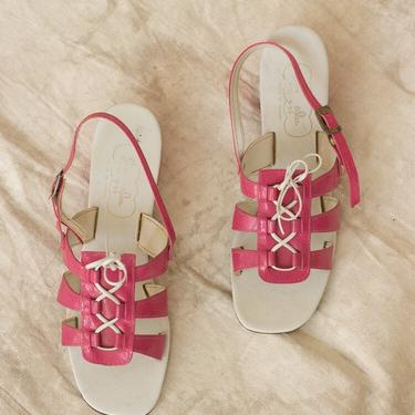 1960s Pink Lace Up Slingback Sandals Size 9 1/2 B 