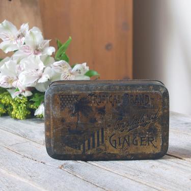 Antique Tropical Brand Ginger tin / vintage candy tin /  1920s crystallized ginger tin / food advertising / rustic collectable tin 