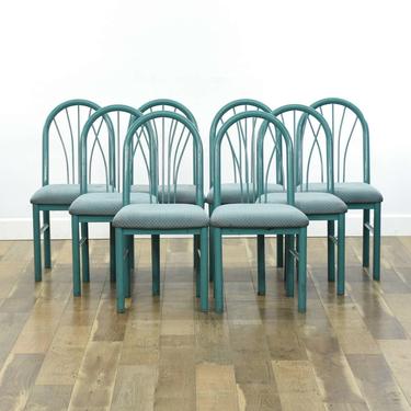 Set Of 8 1989 Art Deco Revival Teal Dining Chairs