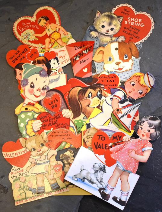 1940s &amp; 1950s Valentines Set of 10 - USED Vintage Valentines - 5 with Moving Parts - 1 RARE Fold Open with Honeycombed Tissue Paper Ball 