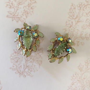 Mint Green Iridescent Rhinestone Clip-On Earrings - 1960s 