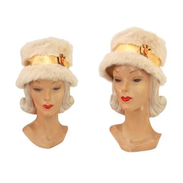 1960s Beige Angora Hat with Gold Lame Ribbon - 1960s Beige Bucket Hat - 1960s Rabbit Fur Hat - 1960s Holiday Hat - Vintage Beige Hat 
