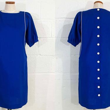 Vintage Royal Blue Dress Short Sleeve Raoul Sheath 1980s 80s Boho White Piping Button Back Mod Wedding Summer Party Linen Small Medium 