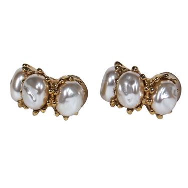 St. John - Gold & Faux Pearl Clip-On Hoop Earrings
