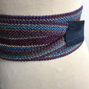70’s lovely woven textile belt~ adjustable one size fits most~ 1970’s purple blue hues~ nubby cloth &amp; suede sexy sash waist belt 