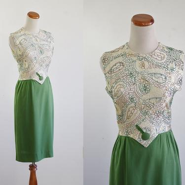 Vintage 60s Wiggle Dres, Linen Sheath Dress, 1960s Avocado Green Dress, Embroidered Yarn Applique Dress, Sleeveless Dress, Small 