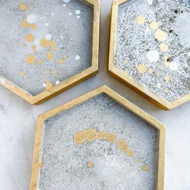 Rustic Constellation Hexagon Concrete Coasters, Set of 4 - Gold and Silver Accents 