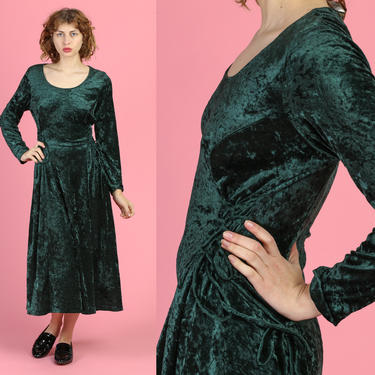 90s Green Crushed Velvet Tie Waist Dress - Medium to Large | Vintage Long Sleeve Corset Grunge Midi 