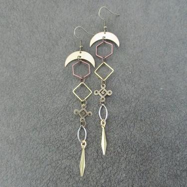 Long geometric earrings, bold statement earrings, unique modern earrings, celestial earrings, mixed metal earrings, exotic hippie earrings 2 