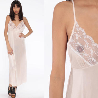 Off-White Lace Nightgown Sheer Slip Dress 70s Maxi Sexy Lingerie