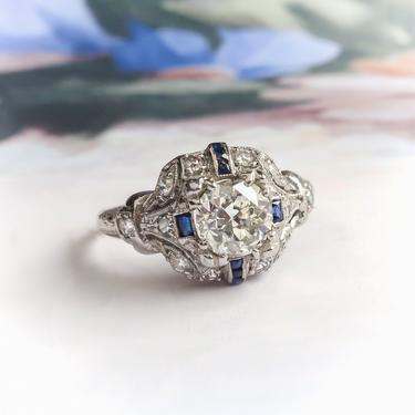 Art Deco Engagement Ring Circa 1930’s 1.03ct t.w. Old European Cut Diamond Sapphire Wedding Ring Platinum 