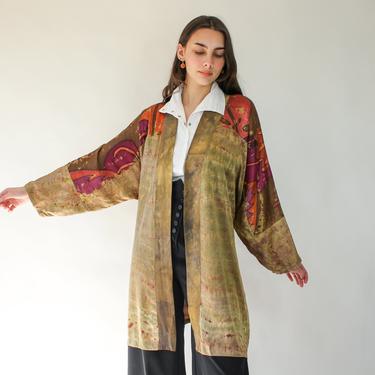 Vintage 90s Artifacts of Silk Tie Dyed Abstract Earthtone Belted Kimono Robe | 100% Silk | Butter Soft, Dolman Sleeve | 1990s Boho Silk Robe 