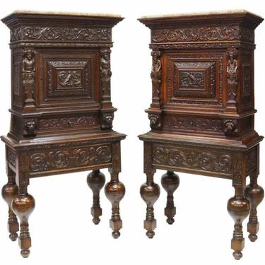 Antique Cabinets / Cupboards, Pair of Continental Carved Oak Court, Marble, 1800