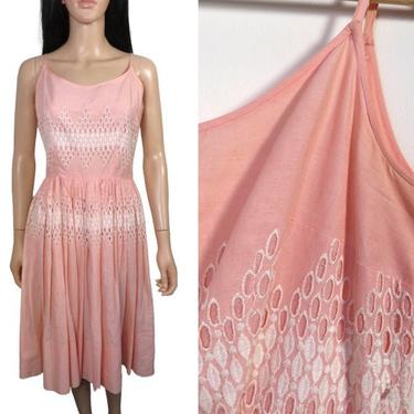 Vintage 50s Jerry Gilden Peach Fit And Flare Eyelet Lace Dress Size XS 
