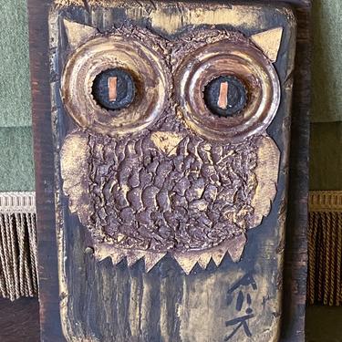 Vintage Folk Art Brutal Metal Bottle Cap Art Owl Outsider Art 