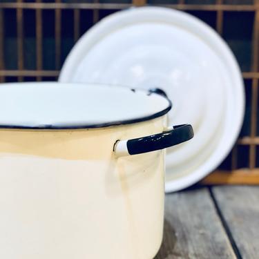 Vintage Enamel Pot with Lid | White and Black | Metal Pot | Soup Pot | Vintage Camp | Planter | French Country | Enamelware | French Enamel 