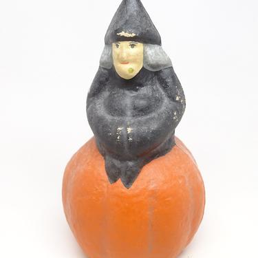 Vintage Reproduction Witch on Jack-o-lantern Pumpkin Candy Container for Halloween, Seasons Gone By 