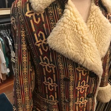 70’s Carpet coat Sherpa textile fitted Pierre Cardin boho-hippy coat~ fitted Groovy Retro~ size Medium 