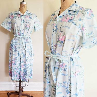 1960s Nancy Frock Blue Floral Day Dress / 60s Chinese Asian Oriental Style Patterned Short Sleeved Dress Zip Front Apron Pockets Belt / L 