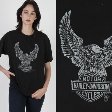 1987 Harley Davidson Tee / Mens Motorcycle Eagle Up Wing T Shirt / Vintage 80s Motorcycle Bikers Shield Black Holoubek Shirt 