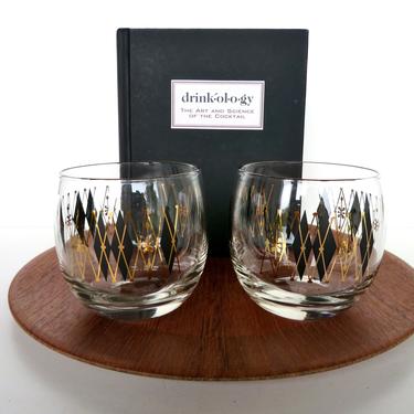 Set of 2 Federal Glass Black And Gold Roly Poly Cocktail Glasses, Atomic Black and Gold Vintage Lowball Barware 