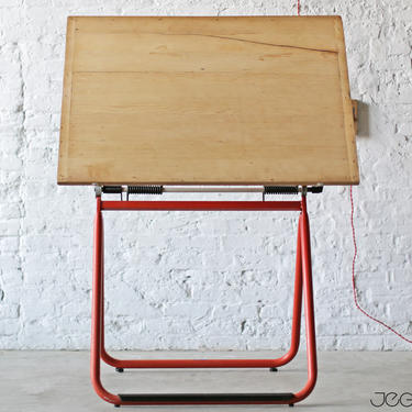 vintage scalable sitting or standing work solution––bright-orange folding drafting table by Neolt of Italy, restored solid wood top 