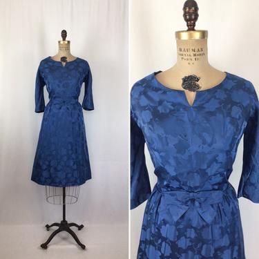 Vintage 50s dress | Vintage lapis blue silk party dress | 1950s Grobe Original blue floral cocktail dress 