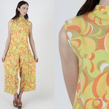 Vintage Psychedelic Jumpsuit / 60s Colorful Yellow Floral Jumpsuit / Wide Leg Palazzo Jumpsuit / 1960s Disco Party Bell Bottoms 