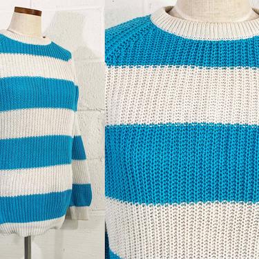 Vintage Striped Blue White Sweater Loose Knit Nautical Teal 1990s 90s Classic Minimal Basics Capsule Pullover Long Sleeve Large XL 