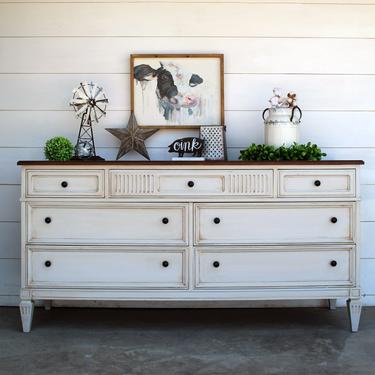 Aged Light Grey with Brown Top Dresser \/ Buffet \/ Entertainment Center \/ Entryway Piece