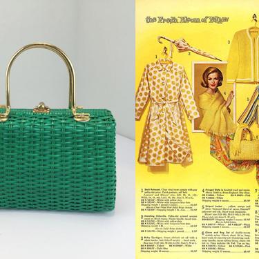 Round the Clock Styles - Vintage 1950s 1960s Emerald Green Vinyl Wicker Straw Handbag Purse 