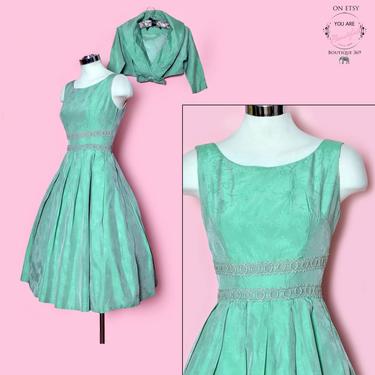 Green Sharkskin Dress SET, 1950's Vintage Dress & Jacket, Damask Full Skirt, Bolero Jacket,  Evening Party Dress, Matching, 1960's Prom 