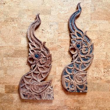 Pair Antique Carved Wood Thai Naga Head Salvaged Temple Roof Finials Chofa 36” 