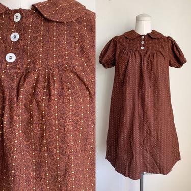Vintage 1970s Brown Dotted Babydoll Dress / XS 