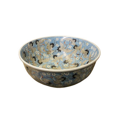 Chinese Off White Cranes Light Blue Base Color Painting Porcelain Bowl cs4817E 