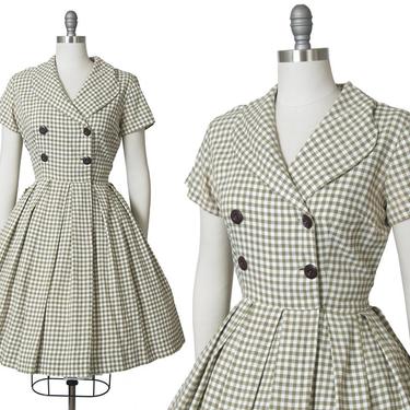 Vintage 1950s Dress | 50s Gingham Cotton Shirt Dress Sage Green Double Breasted Full Skirt Shirtwaist Day Dress (medium) 