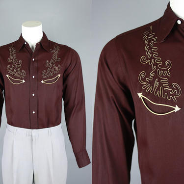 1940s WESTERN Shirt | Vintage 40s Men's Burgundy Gabardine Shirt with Contrast Soutache Piping &amp; Pockets | medium long 