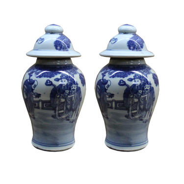Lot of 2 Chinese Porcelain Blue &amp; White Small Round Lid Jars ws106E 
