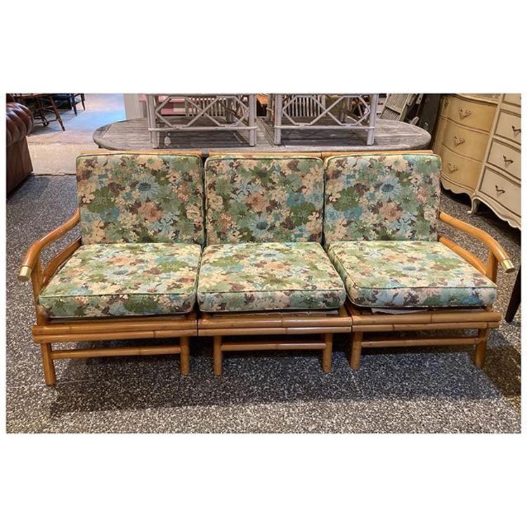 Three piece sections bamboo rattan sofa couch with green floral cushions 72.5” length / 30” height (back) / 17” height 