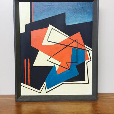 Mid Century ABSTRACT Acrylic Geometric Color PAINTING on Canvas board signed constructivist Pop Art SALE 