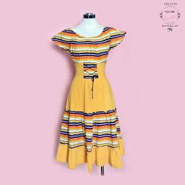 40's Peasant Dress Vintage 1940's Yellow Fit &amp; Flare Dress, Striped, Full Skirt, lace up, 1950's Off The Shoulder Sophia Loren style 