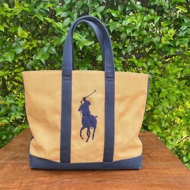 90’s Ralph Lauren Straw Tote Bag with Embroidered Polo Logo Top Handle bag 